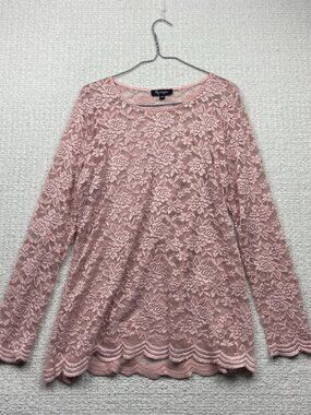 Y2K Sheer Pink Floral Lace Top Blouse Size L Coquette Dainty Fairy Romantic